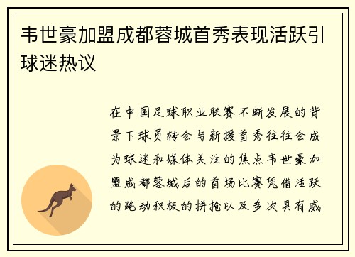 韦世豪加盟成都蓉城首秀表现活跃引球迷热议
